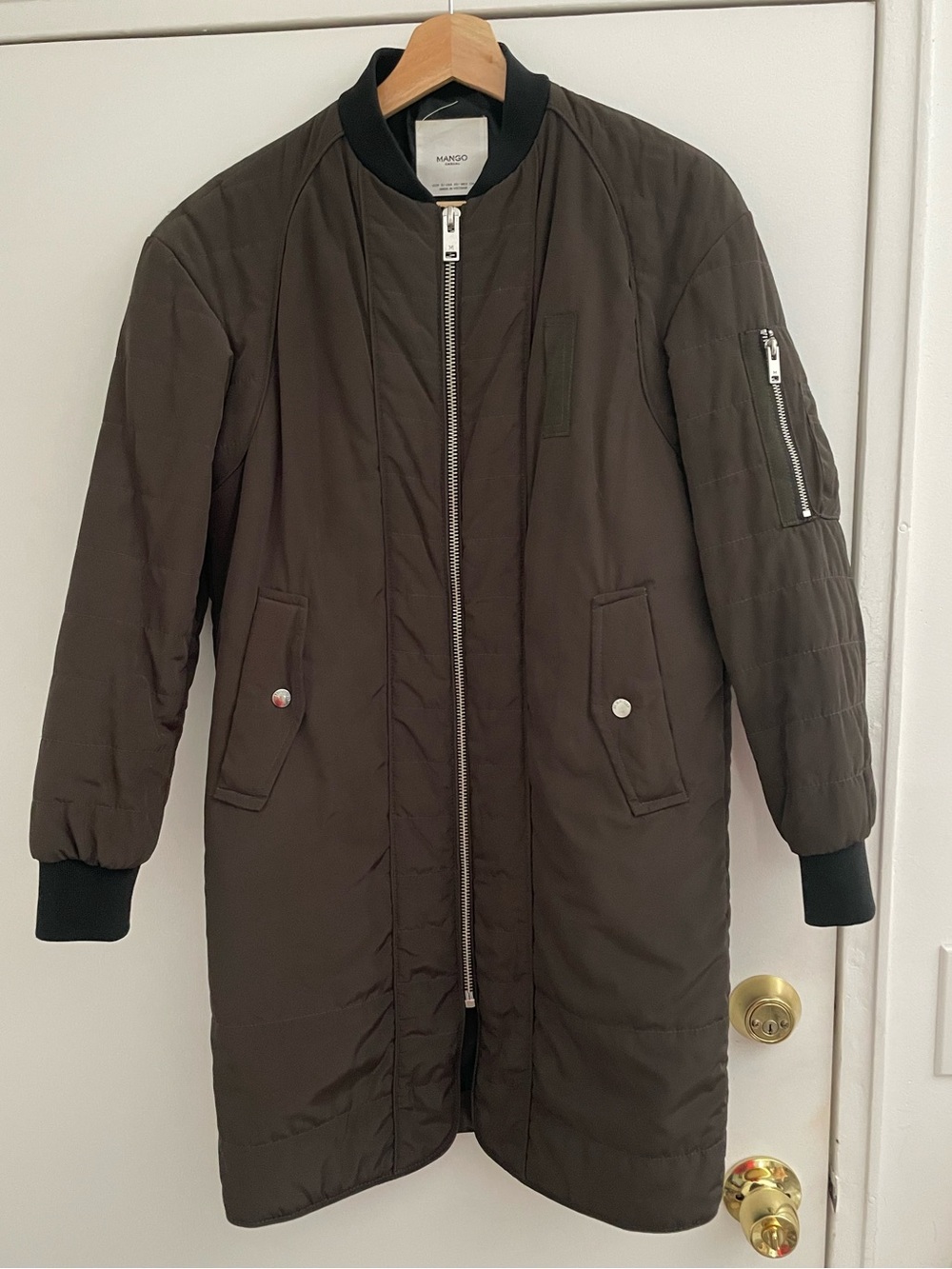 Mango Long Olive Green Quilted Bomber Coat Size XS